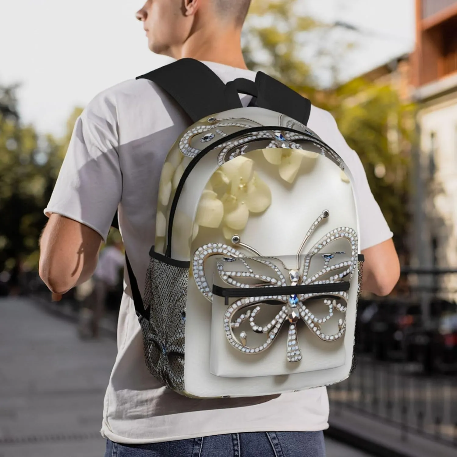 Rhinestone Butterfly And Flower Print Backpack For Women Men, Laptop Bookbag,Lightweight Casual Travel Daypack