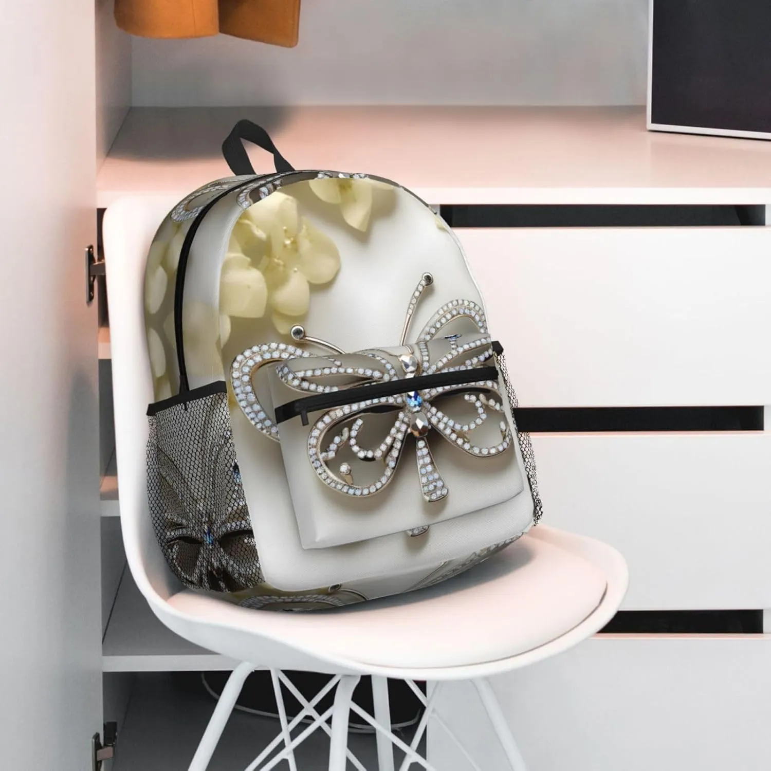 Rhinestone Butterfly And Flower Print Backpack For Women Men, Laptop Bookbag,Lightweight Casual Travel Daypack
