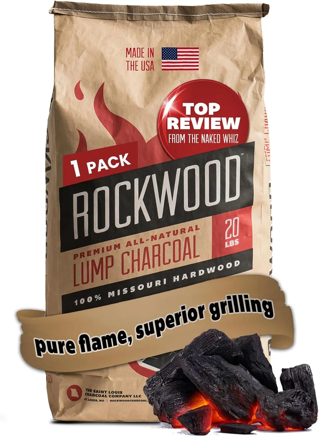 Rockwood Natural Lump Charcoal – Premium Oak, Hickory & Cherry Hardwood Blend for High-Heat Grilling & Slow Smoking – Compatible with Kettle & Kamado Grills, Clean Burning, Made in USA – 20lbs (1pk)