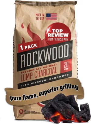 Rockwood Natural Lump Charcoal – Premium Oak, Hickory & Cherry Hardwood Blend for High-Heat Grilling & Slow Smoking – Compatible with Kettle & Kamado Grills, Clean Burning, Made in USA – 20lbs (1pk)