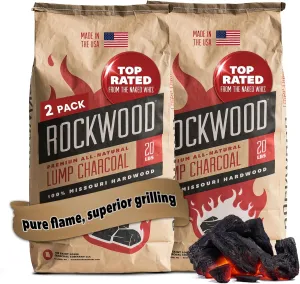 Rockwood Natural Lump Charcoal – Premium Oak, Hickory & Cherry Hardwood Blend for High-Heat Grilling & Slow Smoking – Compatible with Kettle & Kamado Grills, Clean Burning, Made in USA – 20lbs (2pk)