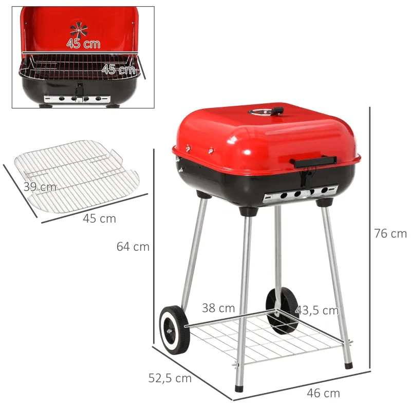 Rootz Charcoal Grill Trolley - Kettle Grill - BBQ Grill - Heat-Resistant Metal - Adjustable Ventilation - Mobile Wheels - 48cm x 52.5cm x 79.5cm