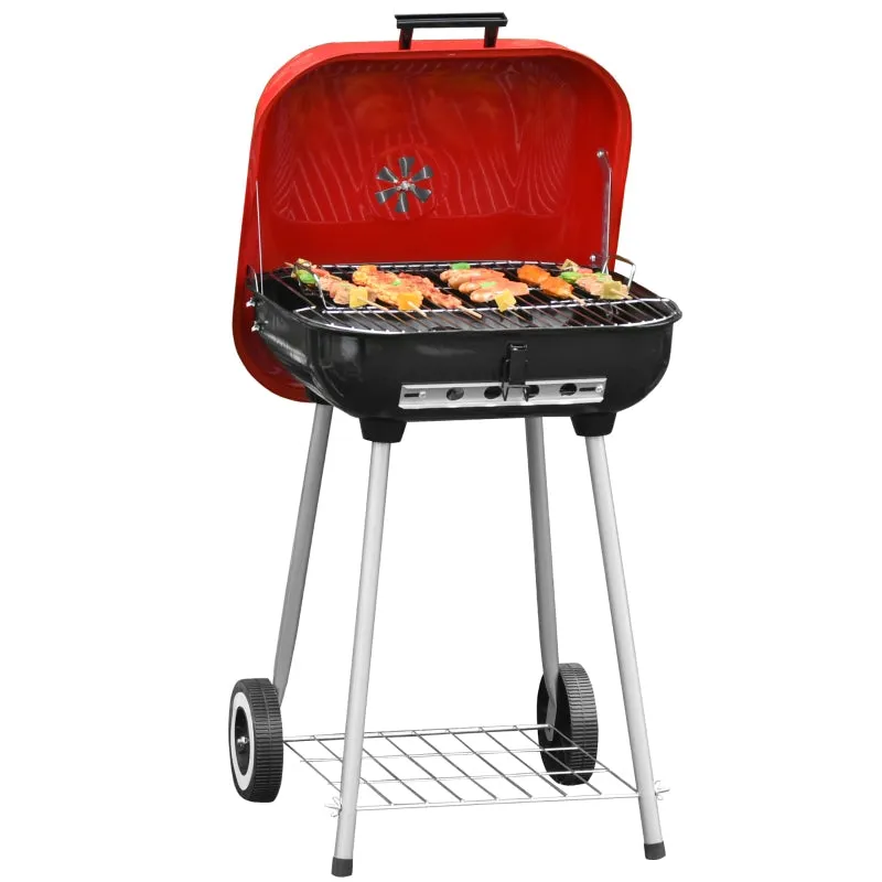 Rootz Charcoal Grill Trolley - Kettle Grill - BBQ Grill - Heat-Resistant Metal - Adjustable Ventilation - Mobile Wheels - 48cm x 52.5cm x 79.5cm