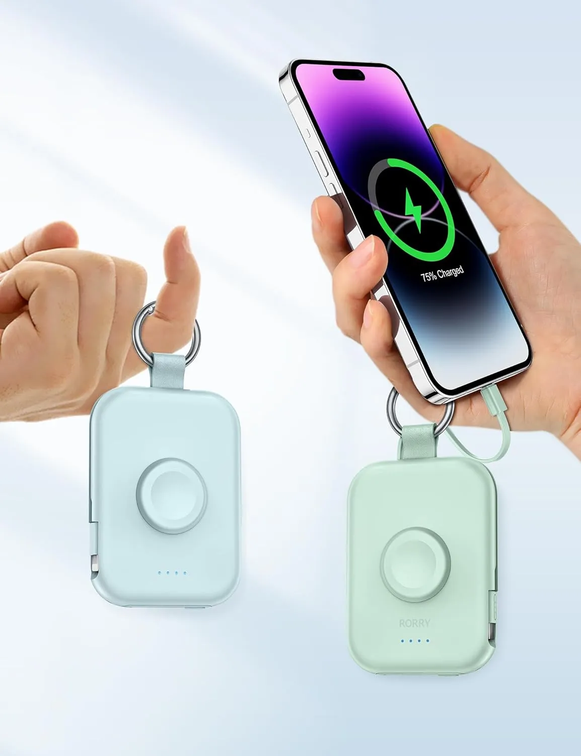RORRY Portable Charger, 5000mAh Portable Charger Power Bank with Built-in Cables, Travel Keychain Battery Pack for Apple Watch Ultra 2/9/8/Ultra/7/6/SE/5, iPhone 16/15/14/13/12, Blue