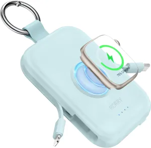 RORRY Portable Charger, 5000mAh Portable Charger Power Bank with Built-in Cables, Travel Keychain Battery Pack for Apple Watch Ultra 2/9/8/Ultra/7/6/SE/5, iPhone 16/15/14/13/12, Blue