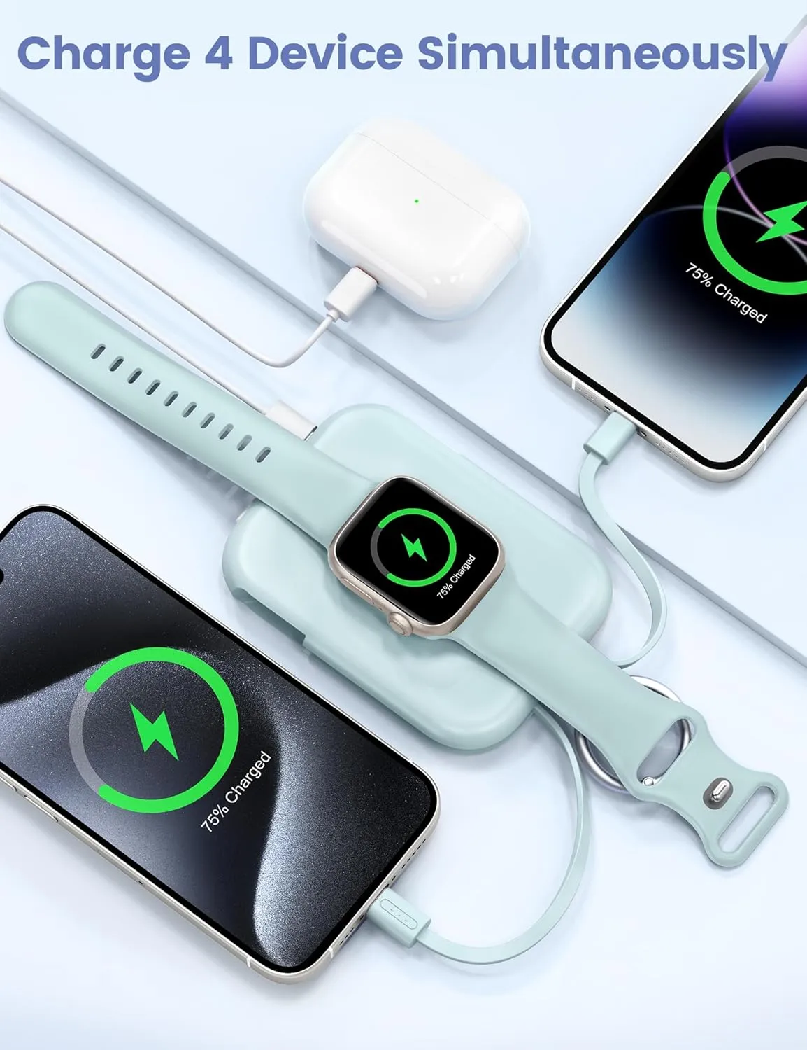 RORRY Portable Charger, 5000mAh Portable Charger Power Bank with Built-in Cables, Travel Keychain Battery Pack for Apple Watch Ultra 2/9/8/Ultra/7/6/SE/5, iPhone 16/15/14/13/12, Blue