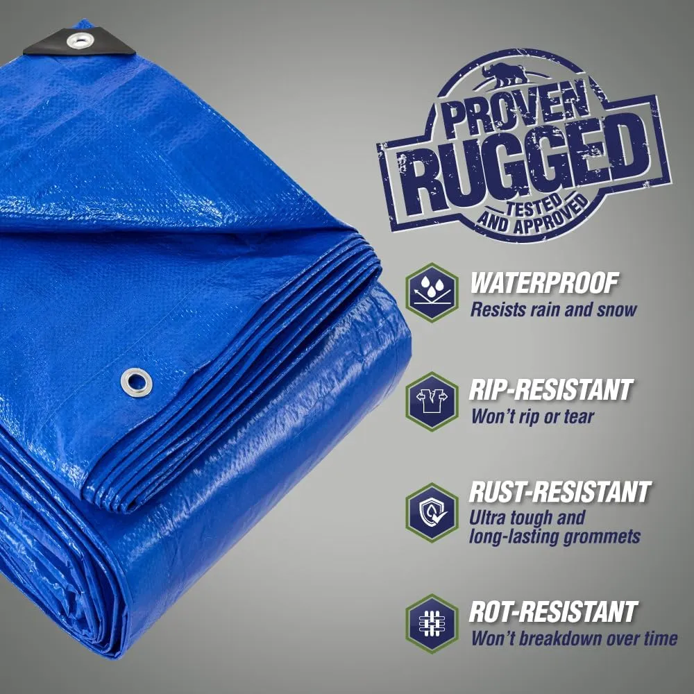 Rugged Rhino All Weather 100% Waterproof Heavy Duty Tarp, 2 Pack, 5 Mil UV Temperature Resistant Tarps, High Durability Multipurpose Cover, for Home Outdoor Patio Winter Leaf Camping, 8x10 Blue