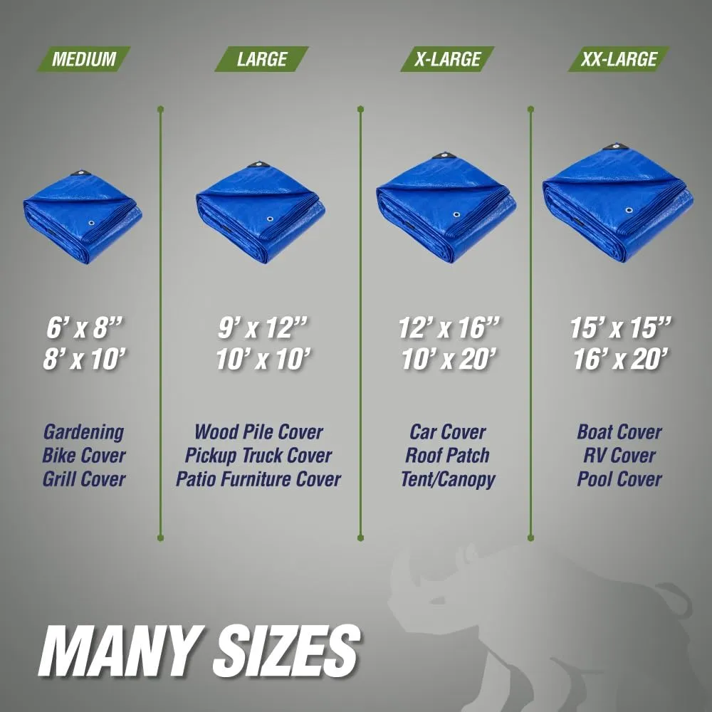 Rugged Rhino All Weather 100% Waterproof Heavy Duty Tarp, 2 Pack, 5 Mil UV Temperature Resistant Tarps, High Durability Multipurpose Cover, for Home Outdoor Patio Winter Leaf Camping, 8x10 Blue