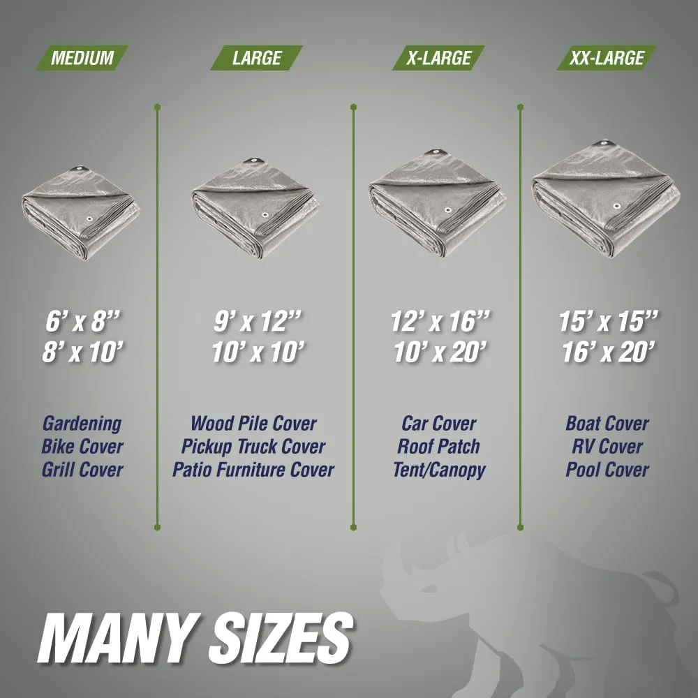 Rugged Rhino All Weather 100% Waterproof Heavy Duty Tarp, 5 Mil UV Temperature Resistant Tarps, High Durability Multipurpose Cover, for Home Outdoor Patio Winter Leaf Camping, 10x10 1 Pack Silver
