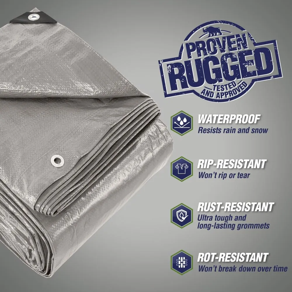 Rugged Rhino All Weather 100% Waterproof Heavy Duty Tarp, 5 Mil UV Temperature Resistant Tarps, High Durability Multipurpose Cover, for Home Outdoor Patio Winter Leaf Camping, 10x10 1 Pack Silver