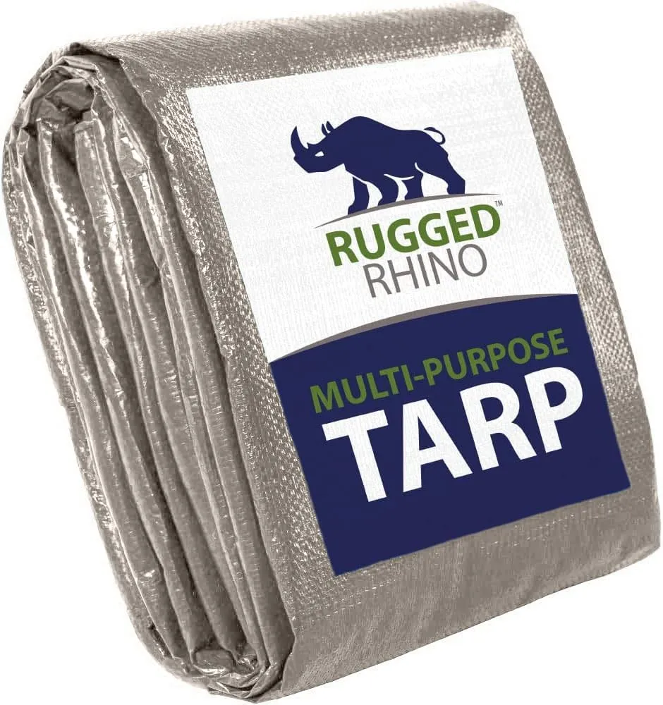 Rugged Rhino All Weather 100% Waterproof Heavy Duty Tarp, 5 Mil UV Temperature Resistant Tarps, High Durability Multipurpose Cover, for Home Outdoor Patio Winter Leaf Camping, 10x10 1 Pack Silver