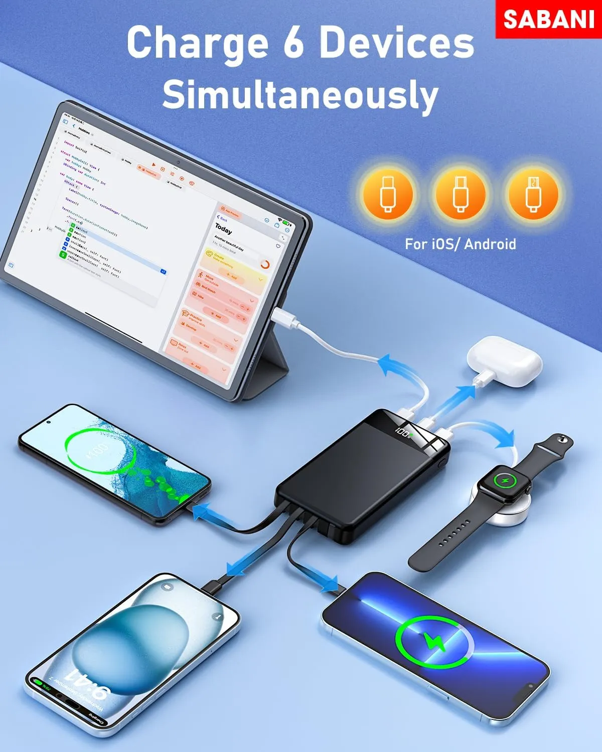 SABANI Portable Charger 35000mAh Power Bank - Portable Battery with 4 Built in Cables, 22.5W Fast Charging Battery Pack Compatible with iPhone 16 15 14 13 Samsung Android Phone etc (1 Pack, Black)