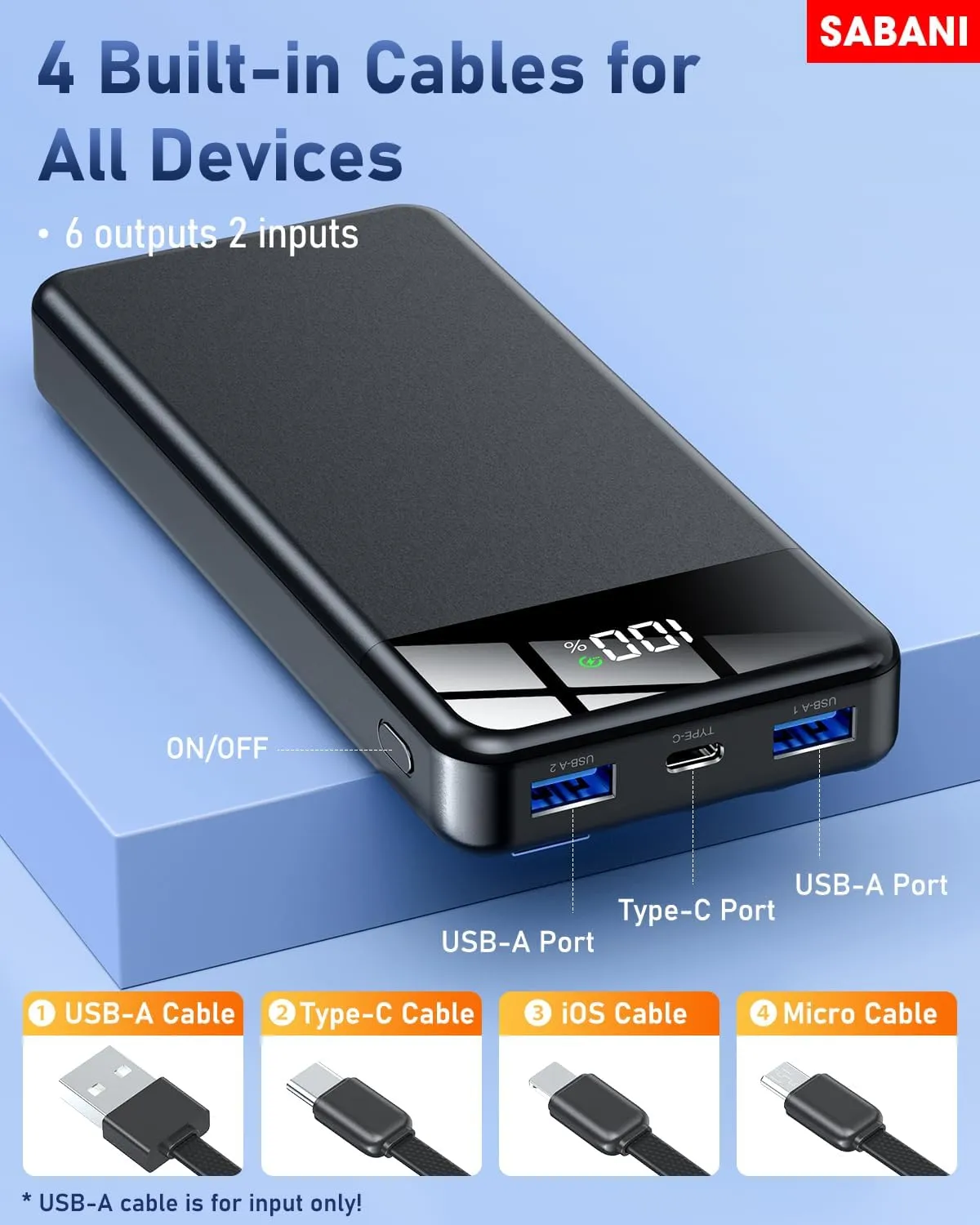 SABANI Portable Charger 35000mAh Power Bank - Portable Battery with 4 Built in Cables, 22.5W Fast Charging Battery Pack Compatible with iPhone 16 15 14 13 Samsung Android Phone etc (1 Pack, Black)