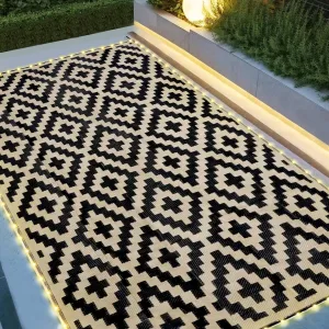 SAND MINE Reversible Mats with Led Strip Lights, Plastic Straw Rug, Modern Area Rug, Large Floor Mat for Outdoors, Patio, Backyard, Deck, Picnic, Camping, Black & Beige, 6' x 9'