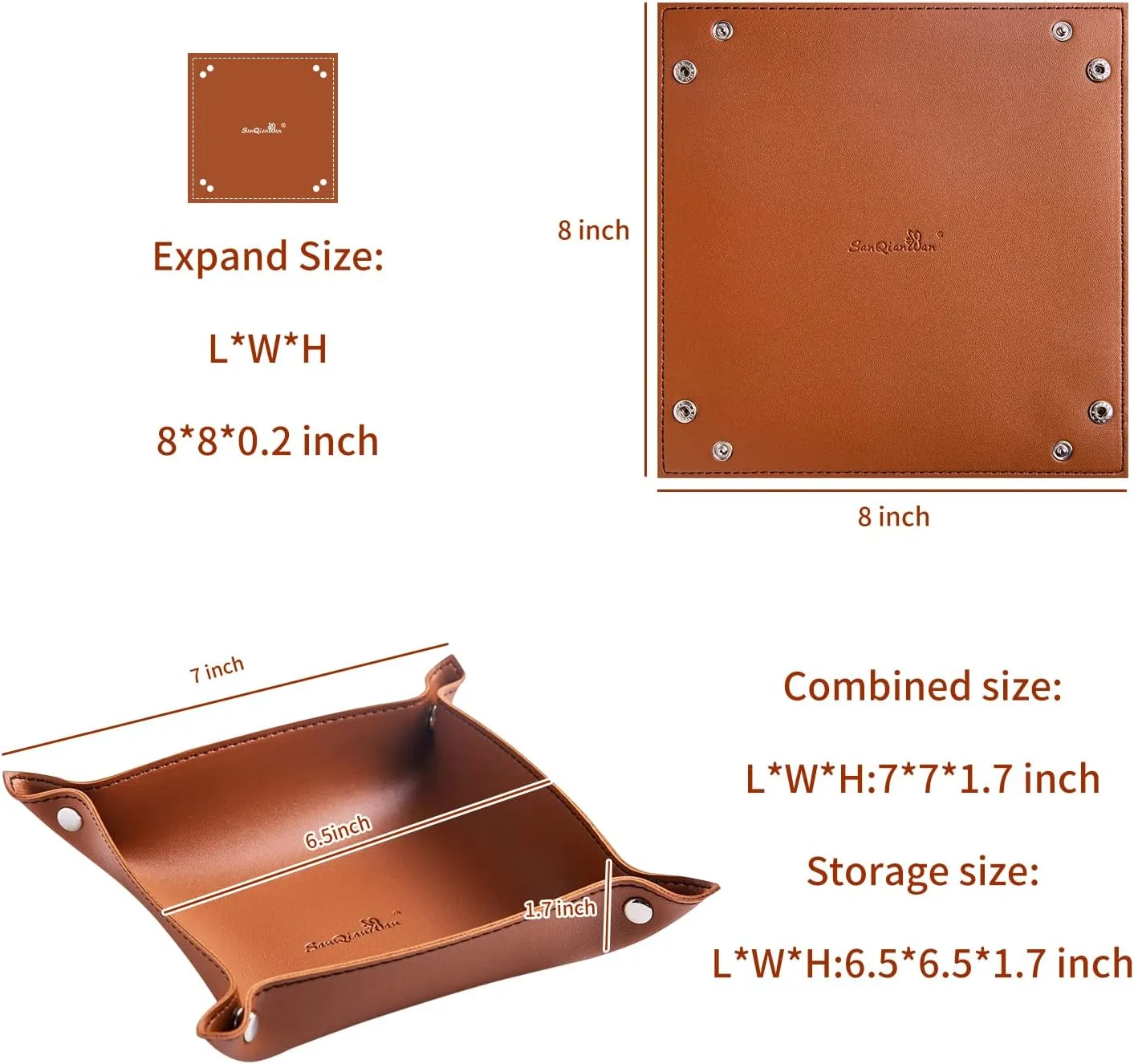 SANQIANWAN Leather Jewelry Valet Tray for Women and Man, Portable Entryway Table Tray Bedside Nightstand Desk Tray Small Catchall Travel Dish Plate for Key,Wallet,Watch,Coin (4PCs Brown-B)