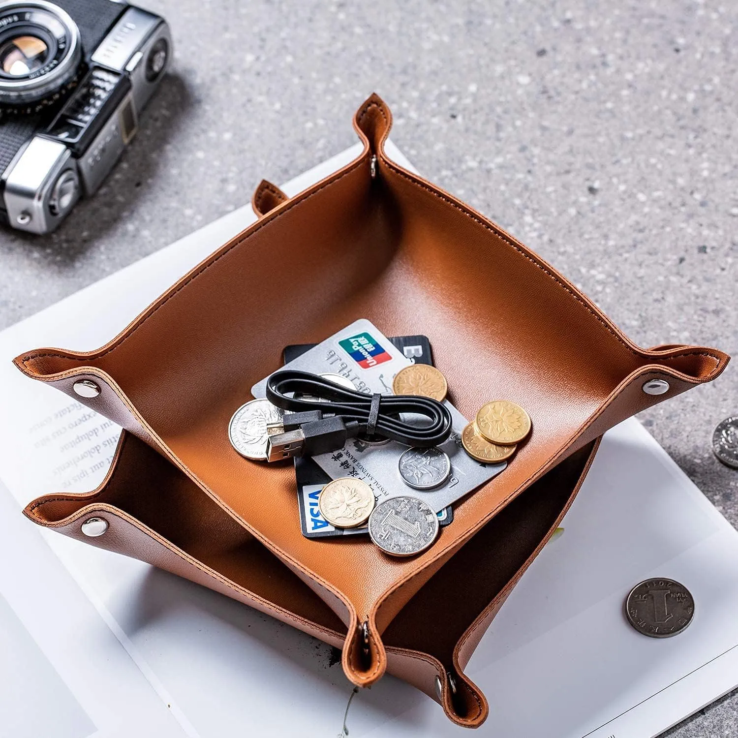 SANQIANWAN Leather Jewelry Valet Tray for Women and Man, Portable Entryway Table Tray Bedside Nightstand Desk Tray Small Catchall Travel Dish Plate for Key,Wallet,Watch,Coin (4PCs Brown-B)