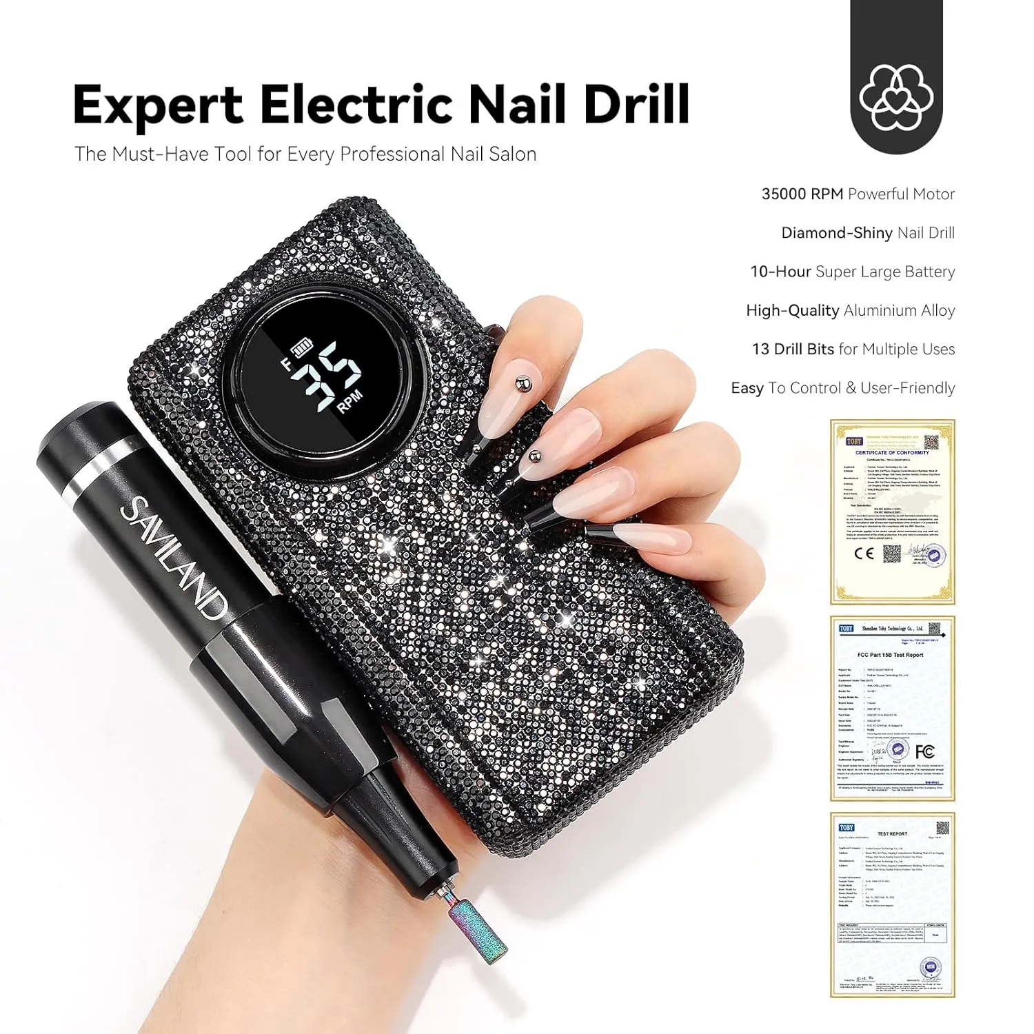 SAVILAND Professional Electric Nail Drill for Acrylic Nails : 35000RPM 2025 Portable Nail File Faster Removal Acrylic Nails & Large Battery Capacity for Nail Art, Pedicure Manicure Home Nail Salon