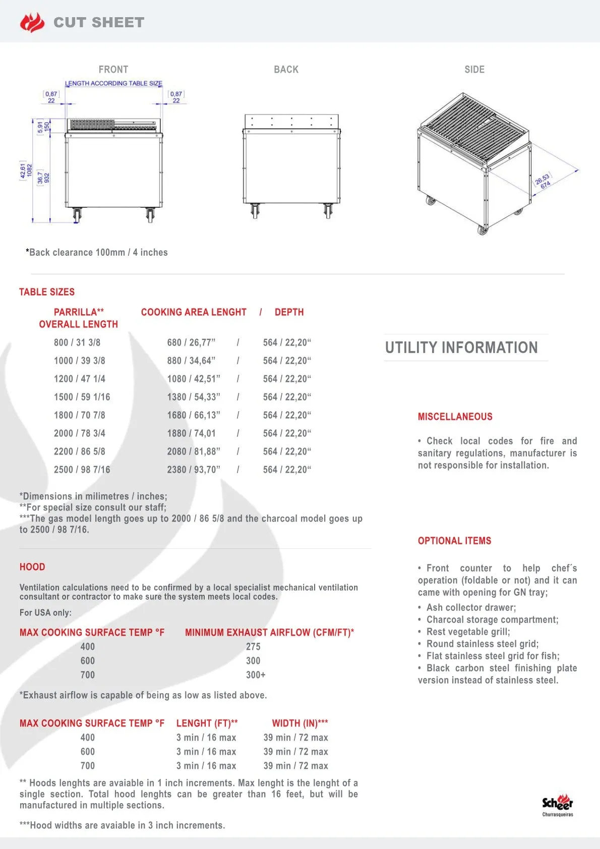 Scheer Proline Parrilla 620 - 800mm 2 Section Charcoal/Wood Grill