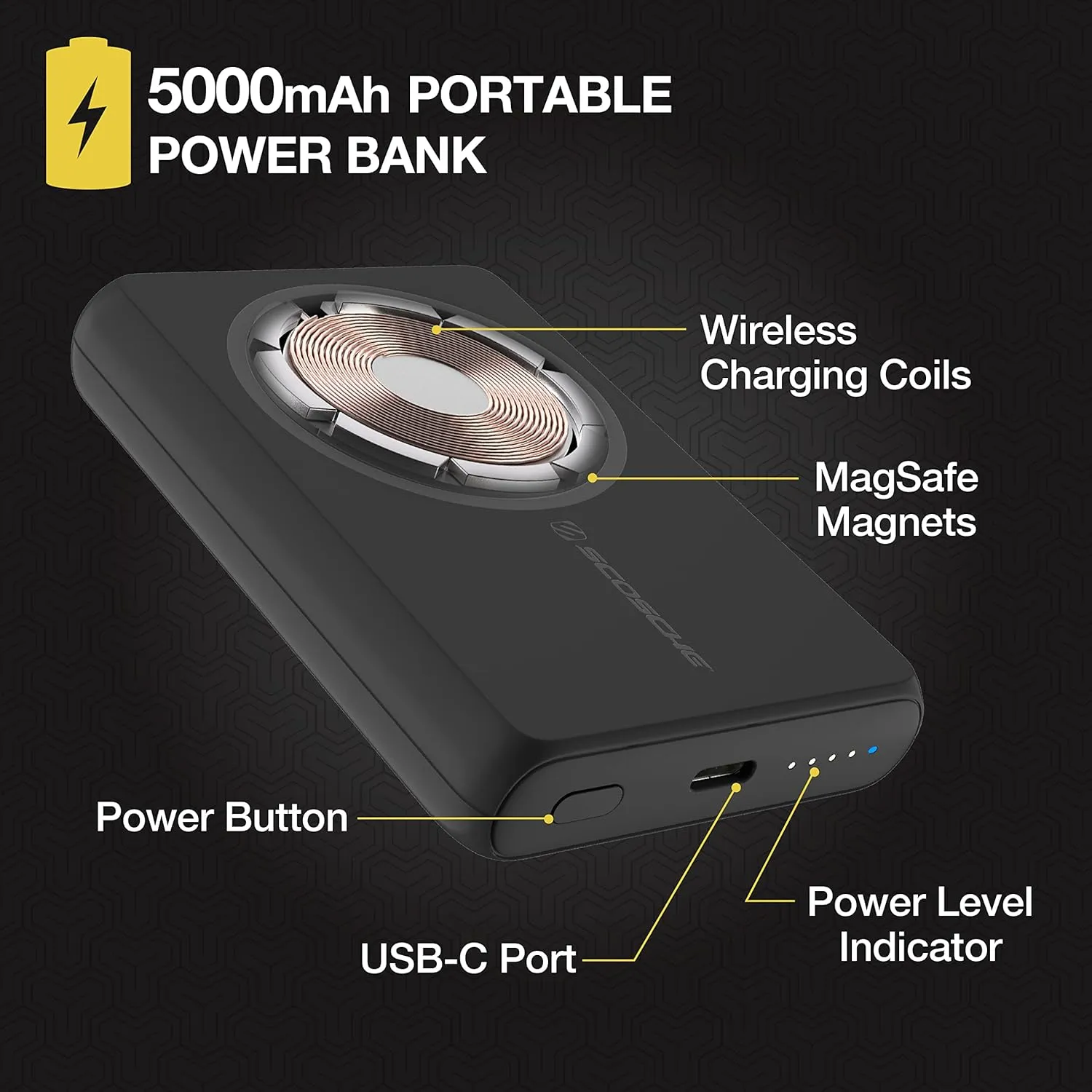 Scosche PBQ5MS GoBat Fast Wireless Charging Power Bank, 5,000 mAh, Portable Charging Bank with USB-C Port, Compatible with Magsafe and USB-C Devices, Black