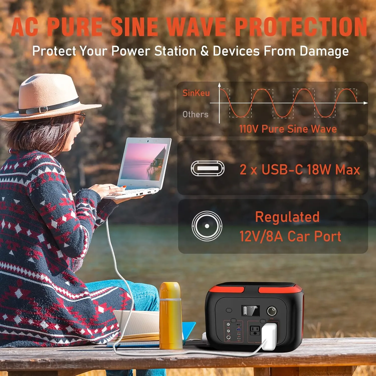 SinKeu Portable Power Station 600W, 296Wh/80000mAh Backup Lithium Battery Pack Bank, 110V Pure Sine Wave AC Outlet Solar Generator for Camping Emergency RV Outdoor Hurricane Supplies