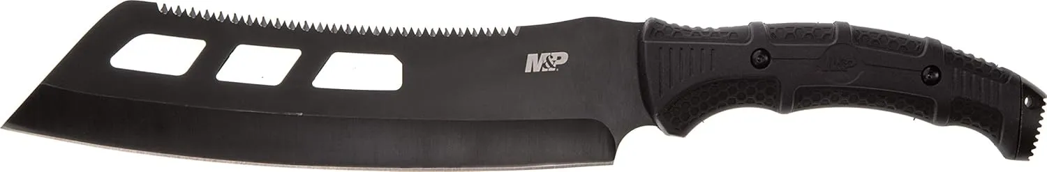 Smith & Wesson M&P Extraction & Evasion Cleaver 16.5in S.S. Full Tang Fixed Blade Machete with Rubber Handle, Sawback and Sheath for Outdoor and Survival Black