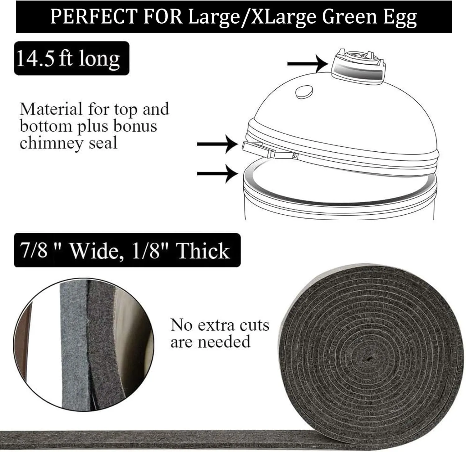 Smoker Gasket for Green Egg,High Temp Grill Gasket Replacement Fit Large/XLarge Bigs Green Egg BBQ Smoker Gasket Pre-Shrunk Accessories Self Stick Felt 14ft Long, 7/8" Wide, 1/8" Thick,Green Egg Parts