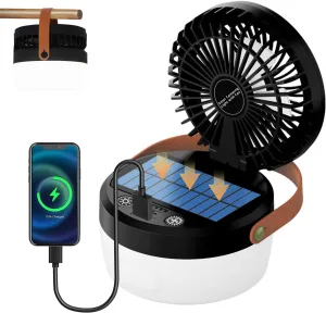 Solar Camping Fan with LED Light & USB Output, 4-in-1 Portable Rechargeable Fan for Camping, Emergency, Tent – Adjustable 3 Speeds, SOS Mode, Solar/USB/Type-C Charging (Black)
