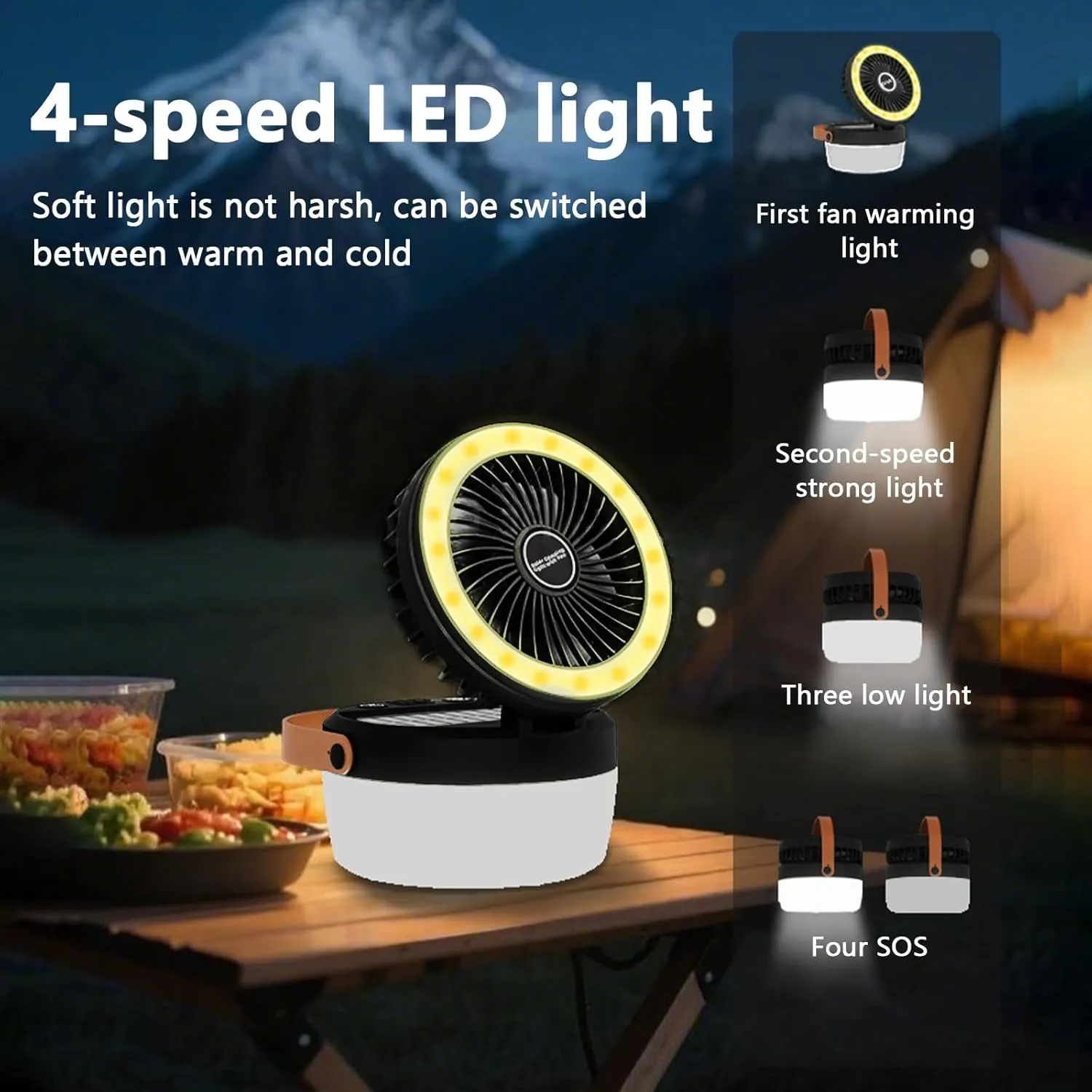 Solar Camping Fan with LED Light & USB Output, 4-in-1 Portable Rechargeable Fan for Camping, Emergency, Tent – Adjustable 3 Speeds, SOS Mode, Solar/USB/Type-C Charging (Black)