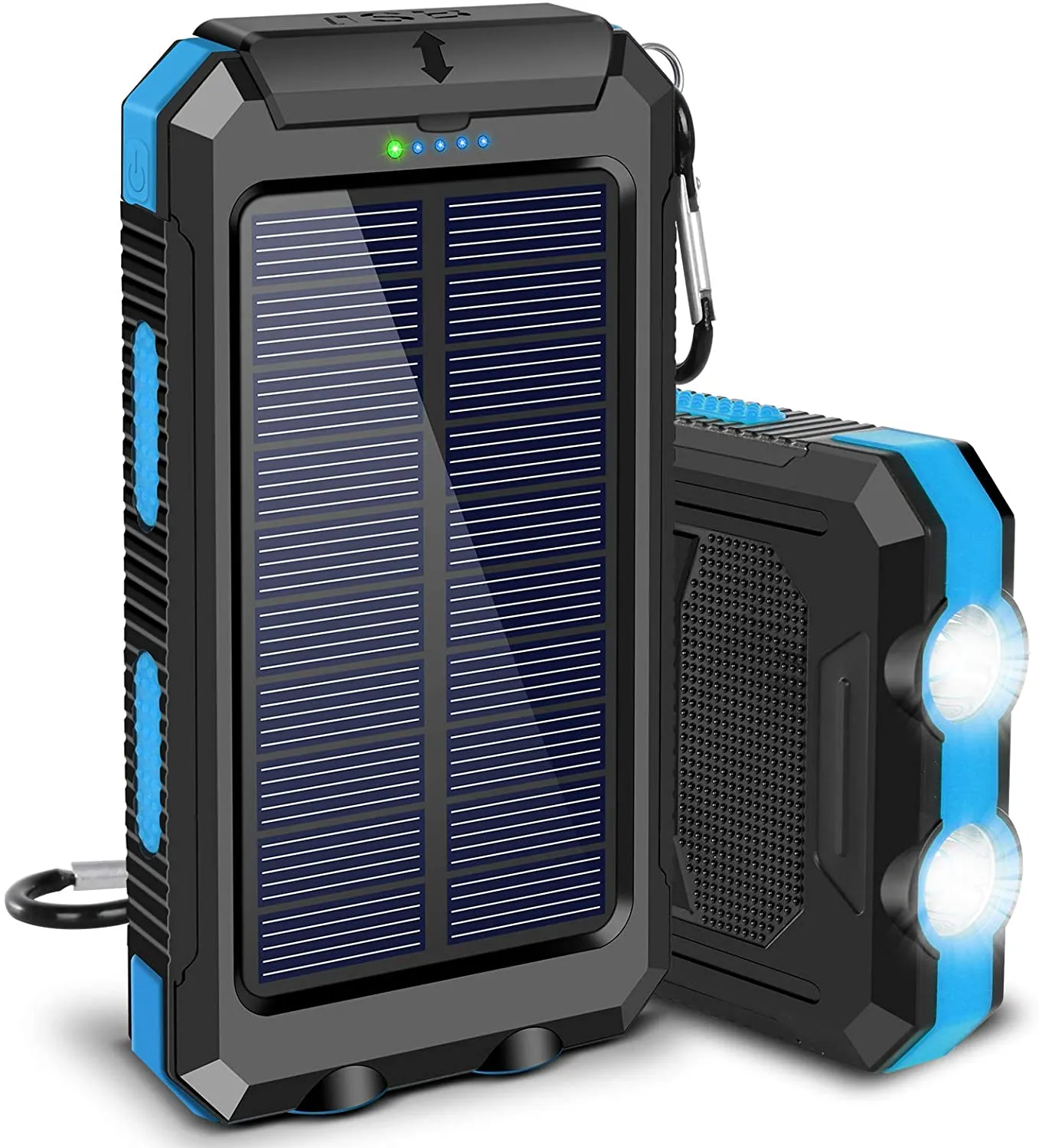 Solar Charger, 20000Mah Portable Outdoor Waterproof Solar Power Bank, Camping External Backup Battery Pack Dual 5V USB Ports Output, 2 Led Light Flashlight with Compass (Blue)