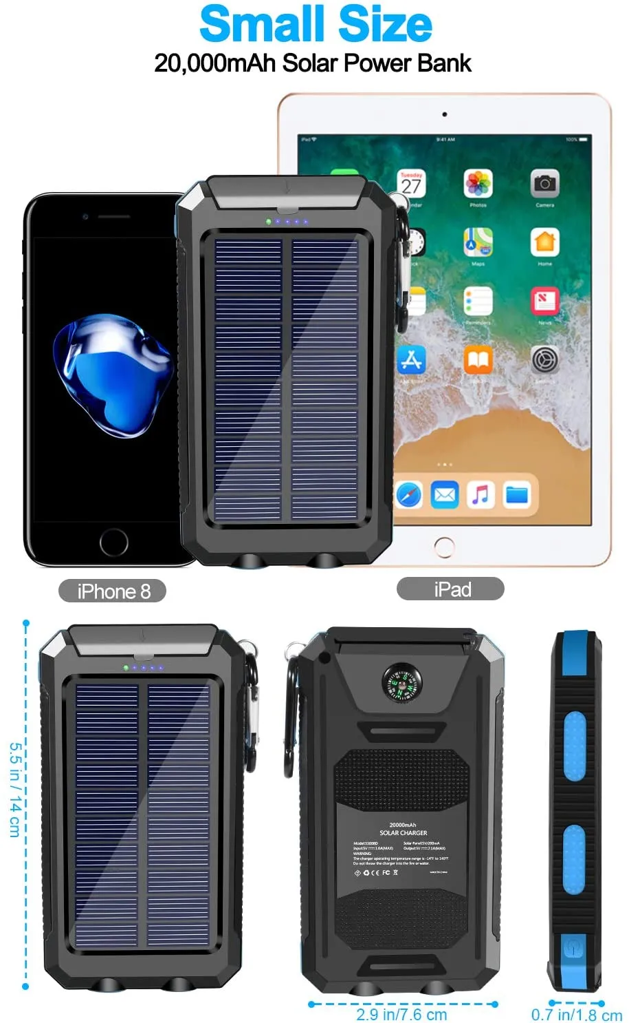 Solar Charger, 20000Mah Portable Outdoor Waterproof Solar Power Bank, Camping External Backup Battery Pack Dual 5V USB Ports Output, 2 Led Light Flashlight with Compass (Blue)