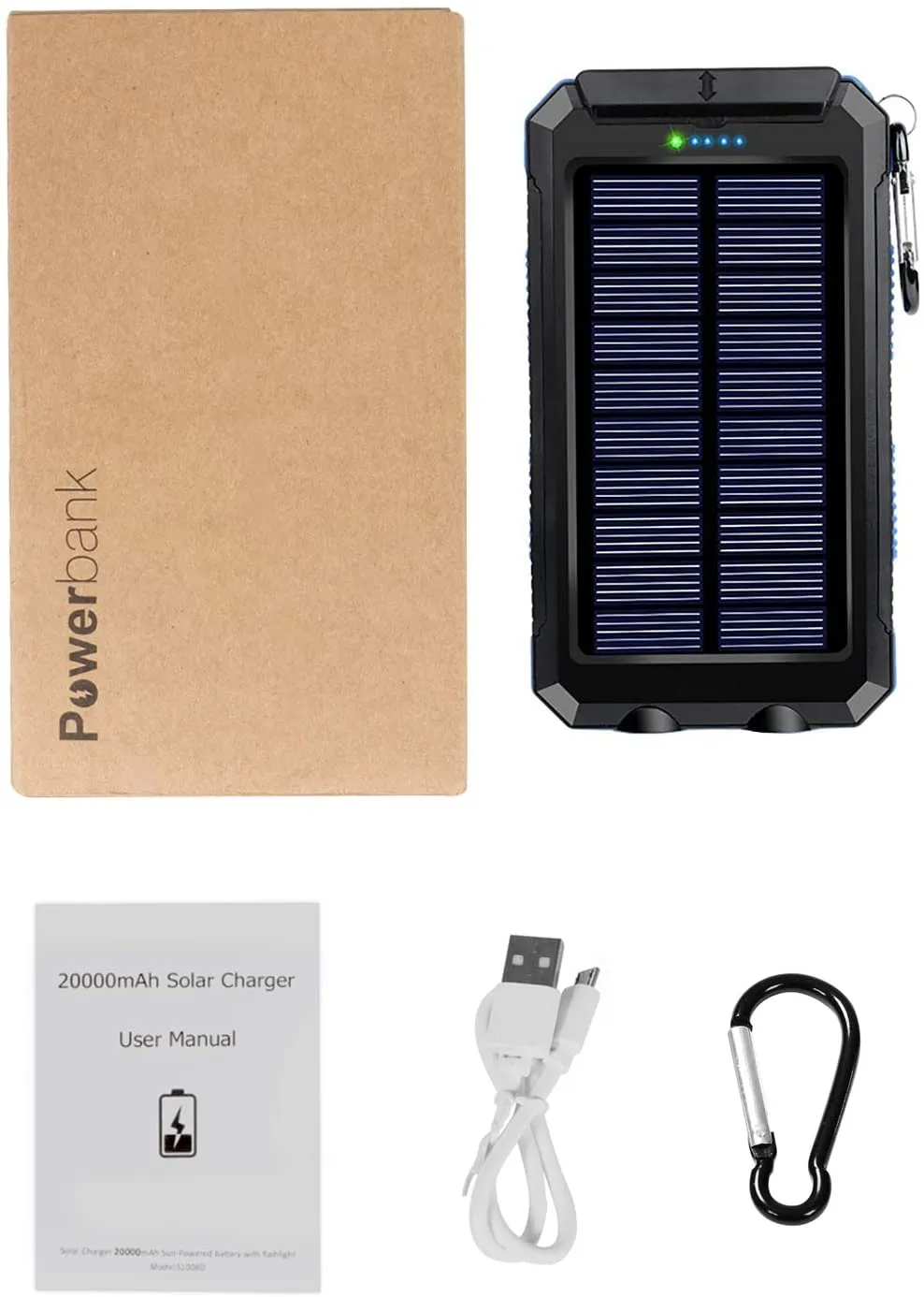 Solar Charger, 20000Mah Portable Outdoor Waterproof Solar Power Bank, Camping External Backup Battery Pack Dual 5V USB Ports Output, 2 Led Light Flashlight with Compass (Blue)