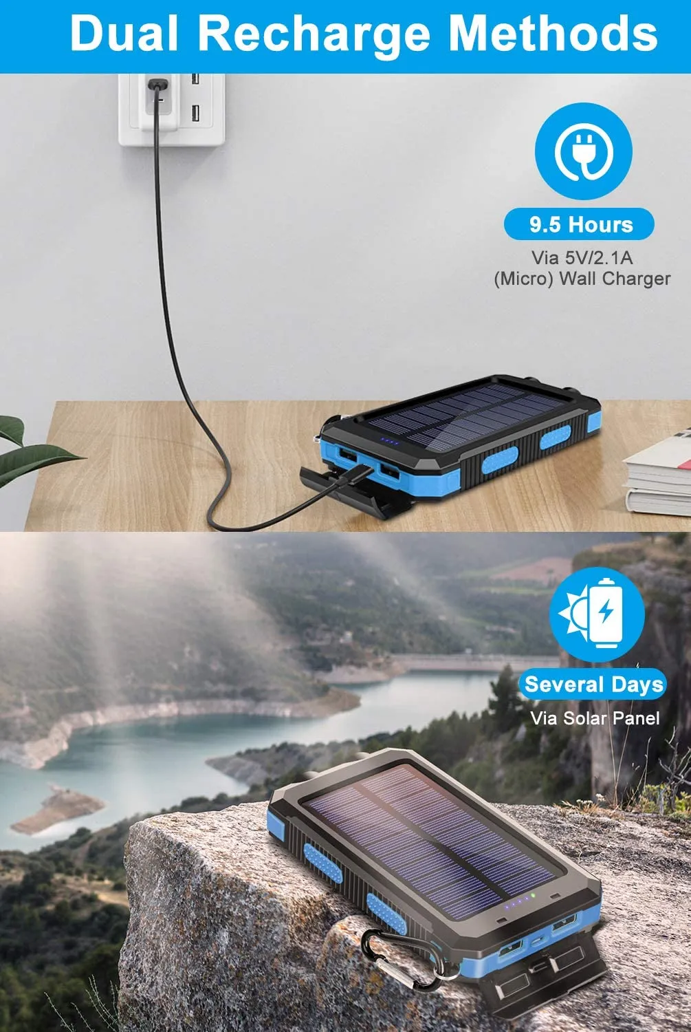 Solar Charger, 20000Mah Portable Outdoor Waterproof Solar Power Bank, Camping External Backup Battery Pack Dual 5V USB Ports Output, 2 Led Light Flashlight with Compass (Blue)