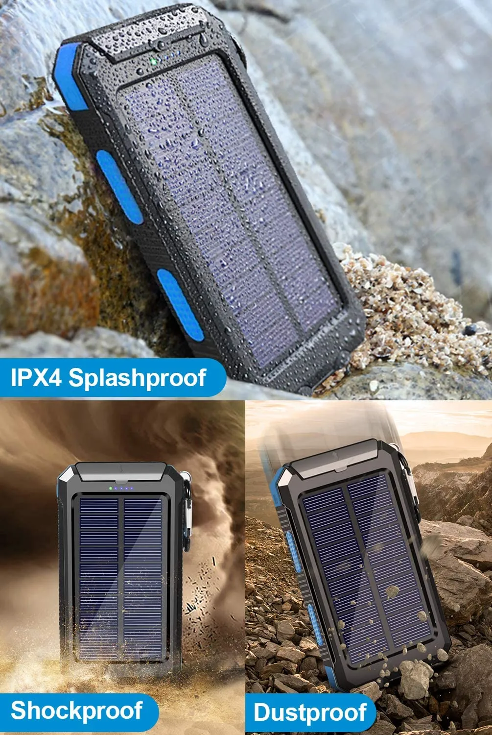 Solar Charger, 20000Mah Portable Outdoor Waterproof Solar Power Bank, Camping External Backup Battery Pack Dual 5V USB Ports Output, 2 Led Light Flashlight with Compass (Blue)
