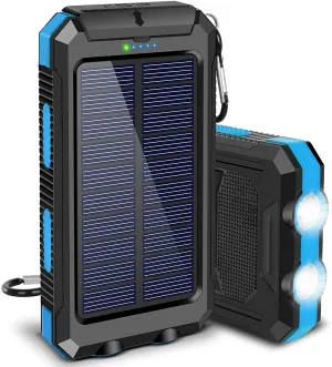 Solar Charger, 20000Mah Portable Outdoor Waterproof Solar Power Bank, Camping External Backup Battery Pack Dual 5V USB Ports Output, 2 Led Light Flashlight with Compass (Blue)