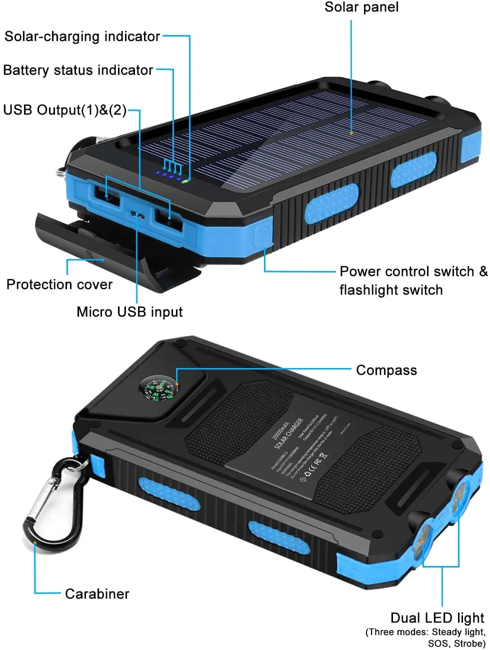 Solar Charger, 20000Mah Portable Outdoor Waterproof Solar Power Bank, Camping External Backup Battery Pack Dual 5V USB Ports Output, 2 Led Light Flashlight with Compass (Blue)