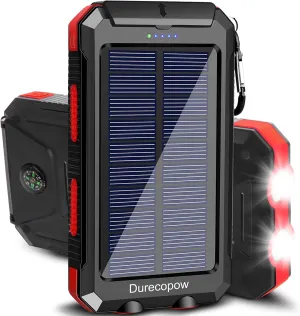 Solar Charger Power Bank, 20000mAh Portable Outdoor Waterproof Solar Battery Charger, Camping External Backup Battery Pack USB C Ports Input/Output, 2 Led Light Flashlight with Compass (Red)