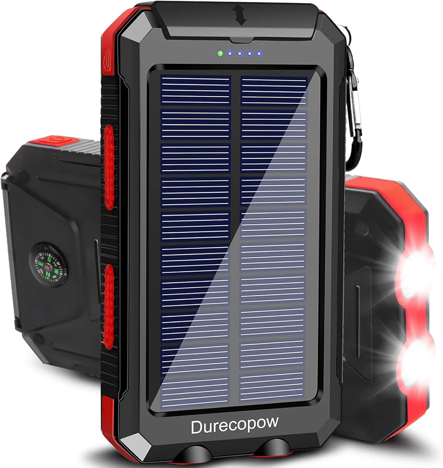 Solar Charger Power Bank, 20000mAh Portable Outdoor Waterproof Solar Battery Charger, Camping External Backup Battery Pack USB C Ports Input/Output, 2 Led Light Flashlight with Compass (Red)