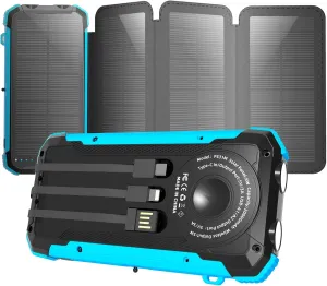 Solar Charger Power Bank, 20000mAh Portable Phone Charger with 1 Type-C & 2 USB-A Ports Built-in Dual LED Flashlight，Compatible with iPhone, Samsung & More, Waterproof Solar Panel for Camping, Hiking