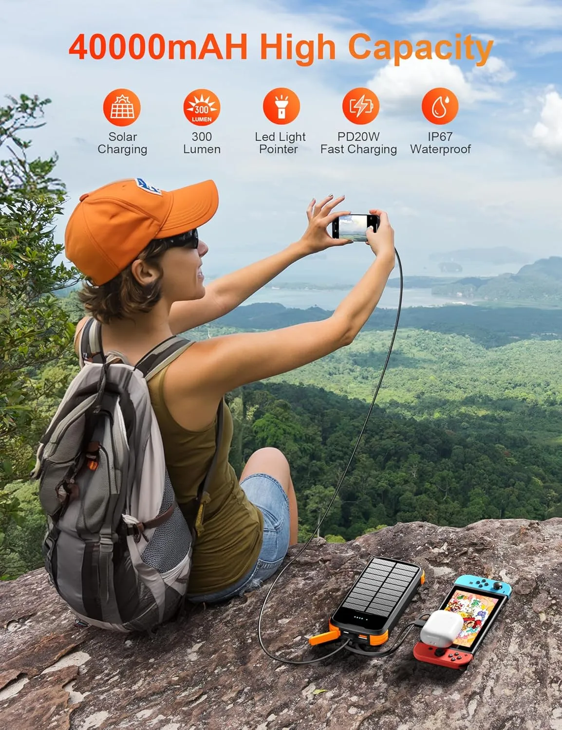 Solar-Power-Bank-Charger, 40000mAh Portable Phone Charger Built in 4 Cables with USB C in/Output, PD 20W Fast Charging External Batter, External Battery Pack with Dual Bright Flashlights