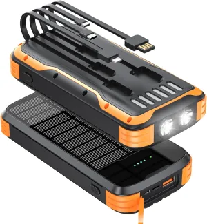 Solar-Power-Bank-Charger, 40000mAh Portable Phone Charger Built in 4 Cables with USB C in/Output, PD 20W Fast Charging External Batter, External Battery Pack with Dual Bright Flashlights