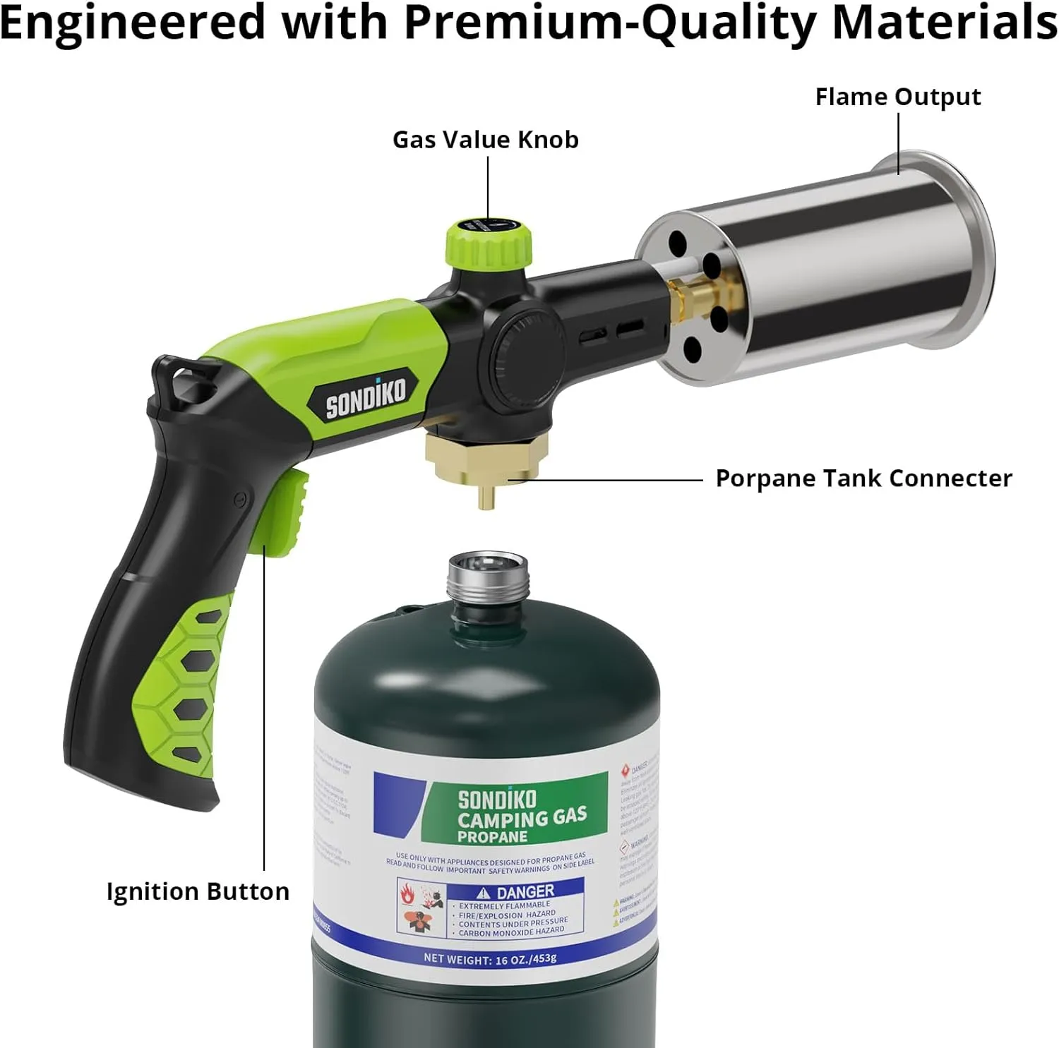 Sondiko Powerful Grill & Cooking Propane Torch L8010, Sous Vide, Campfire Starter, Adjustable Wood Torch Burner for Searing Steak, BBQ, Welding(Green & Black) Propane Tank Not Included