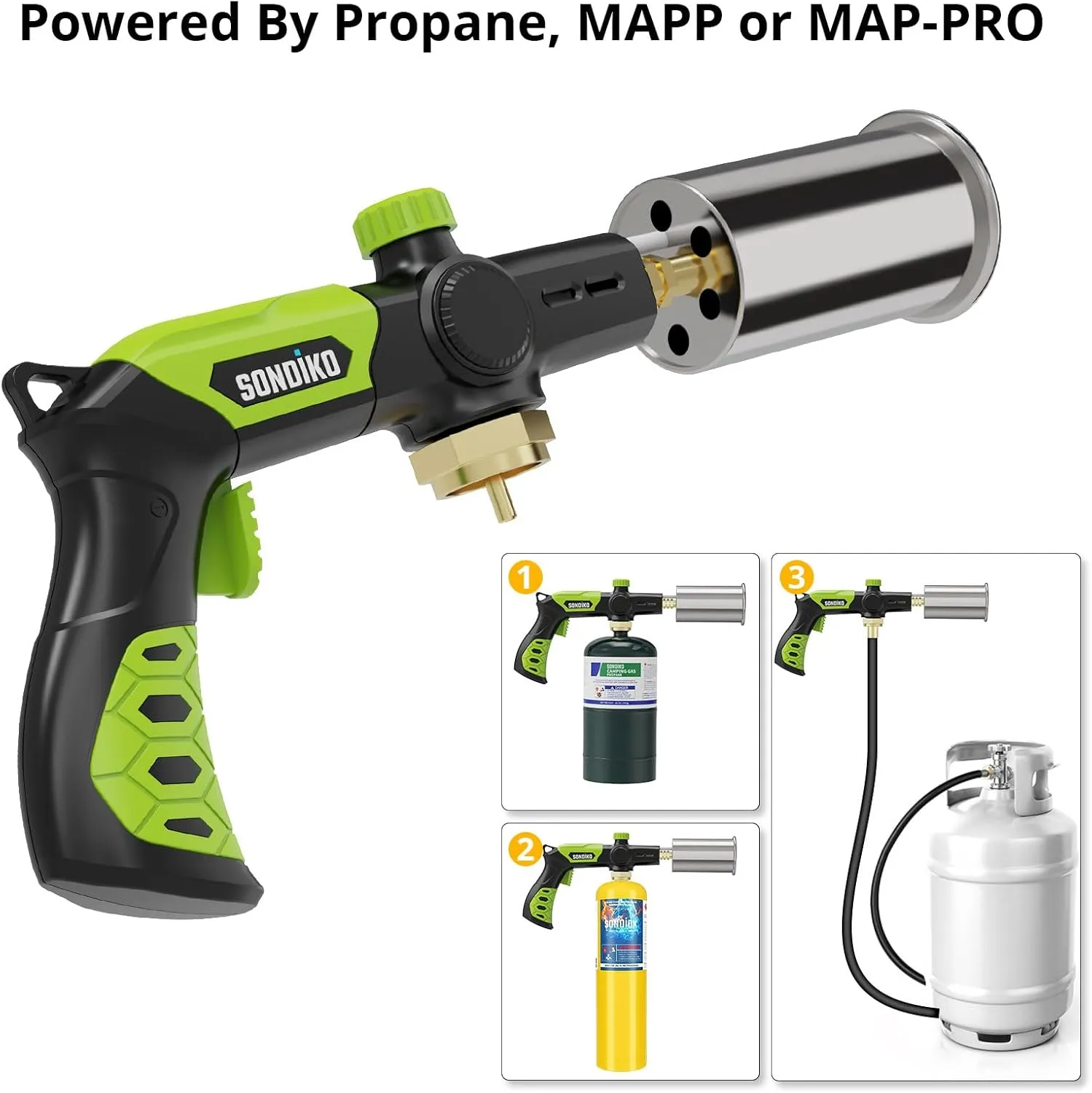 Sondiko Powerful Grill & Cooking Propane Torch L8010, Sous Vide, Campfire Starter, Adjustable Wood Torch Burner for Searing Steak, BBQ, Welding(Green & Black) Propane Tank Not Included