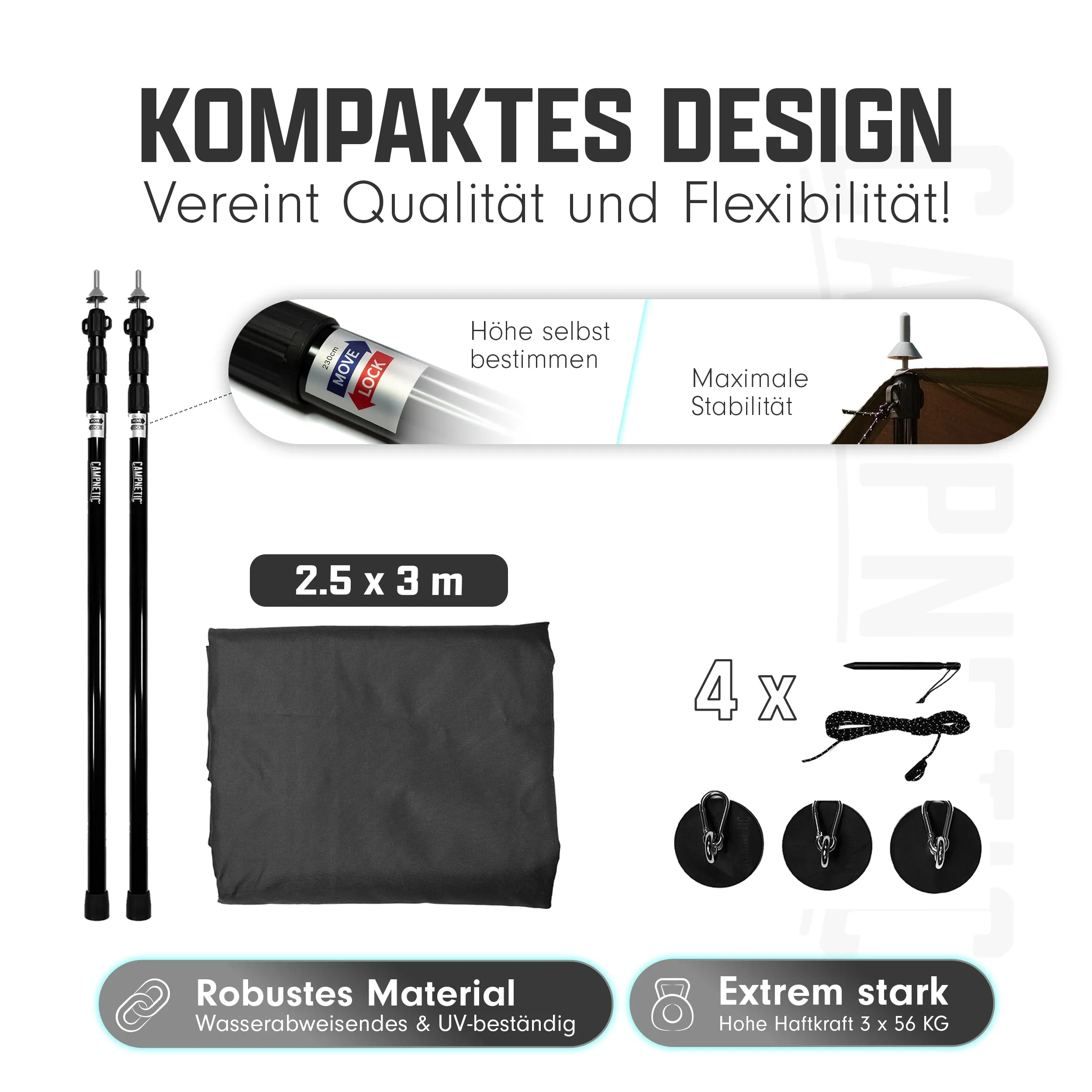 Sonnensegel mit magnetischer Halterung u. Teleskopstangen