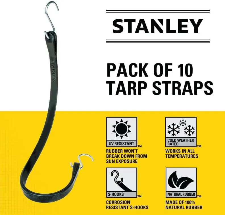 STANLEY S300415 Black 15" All-Weather Rubber Bungee Cords with S-Hooks for Securing Tarps, Flatbed Hauler and Boat Covers, Storage, and Cargo, 10 Pack