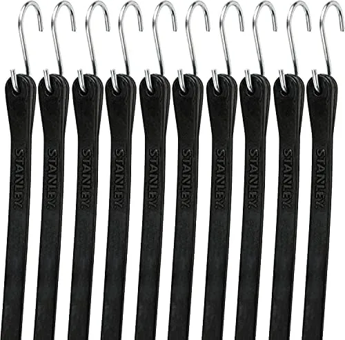 STANLEY S300415 Black 15" All-Weather Rubber Bungee Cords with S-Hooks for Securing Tarps, Flatbed Hauler and Boat Covers, Storage, and Cargo, 10 Pack