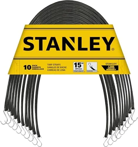 STANLEY S300415 Black 15" All-Weather Rubber Bungee Cords with S-Hooks for Securing Tarps, Flatbed Hauler and Boat Covers, Storage, and Cargo, 10 Pack
