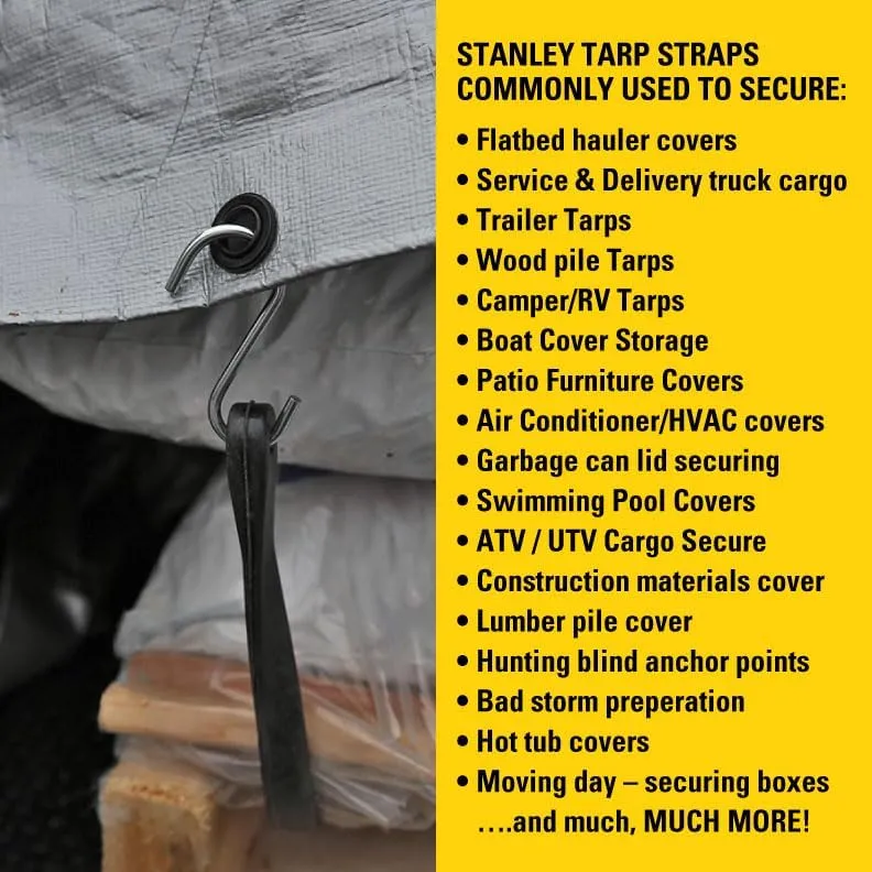 STANLEY S300415 Black 15" All-Weather Rubber Bungee Cords with S-Hooks for Securing Tarps, Flatbed Hauler and Boat Covers, Storage, and Cargo, 10 Pack