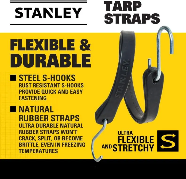 STANLEY S300415 Black 15" All-Weather Rubber Bungee Cords with S-Hooks for Securing Tarps, Flatbed Hauler and Boat Covers, Storage, and Cargo, 10 Pack