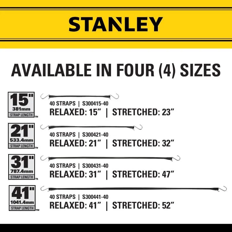 STANLEY S300415 Black 15" All-Weather Rubber Bungee Cords with S-Hooks for Securing Tarps, Flatbed Hauler and Boat Covers, Storage, and Cargo, 10 Pack