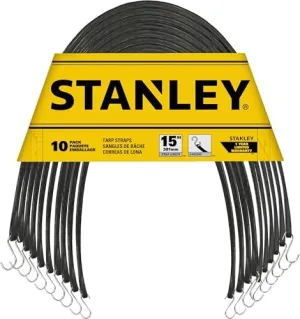 STANLEY S300415 Black 15" All-Weather Rubber Bungee Cords with S-Hooks for Securing Tarps, Flatbed Hauler and Boat Covers, Storage, and Cargo, 10 Pack